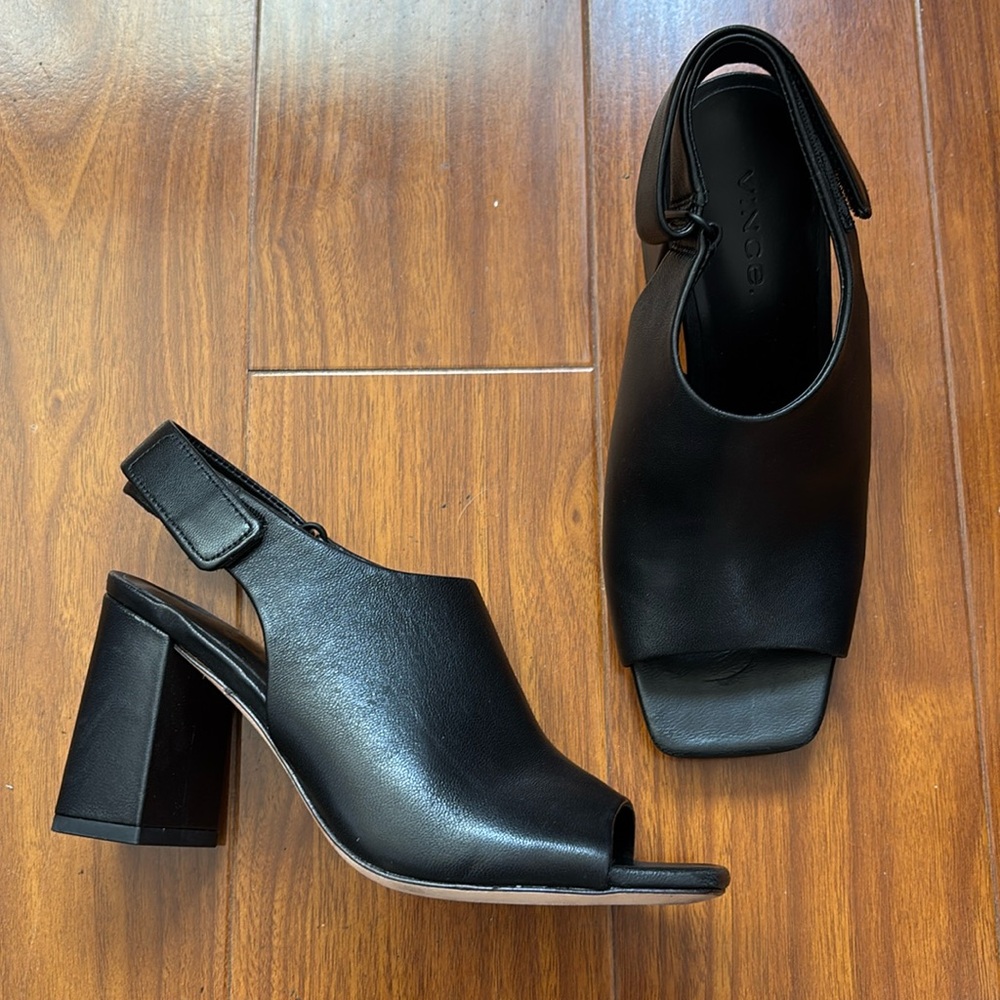 Vince Black Leather Adjustable Velcro Strap Heels